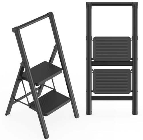 Aufun Scala a 2 gradini, scala pieghevole con ampio pedale antiscivolo, con corrimano, scala domestica, multifunzione, portata fino a 270 kg, scaletta per gradini per casa, ufficio, colore nero