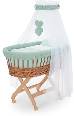 FabiMax Stubenwagen Natur Komplettset mit Matratze, Musselin-Schlafsack oder Bettwäsche, Himmel & Weidenkorb (Decke/Kissen, Grün)