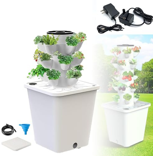 ZZwansuGE Kit Torre Idrop-onica, Coltivazione Senza Terra, Torre Idropo-nica da Interno, con Pompa dell'Acqua + Serbatoio dell'Acqua da 10L, per La Coltivazione di Frutta E Verdura,White-15Holes
