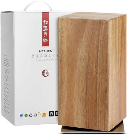 HEZHEN Magnetic Rotating Knife Holder Without Knives, Acacia Wood, 360° Knife Block for Kitchen Counter, Space-Saving and Larger Capacity Knife Storage, Strong Enhanced Magnets Strip