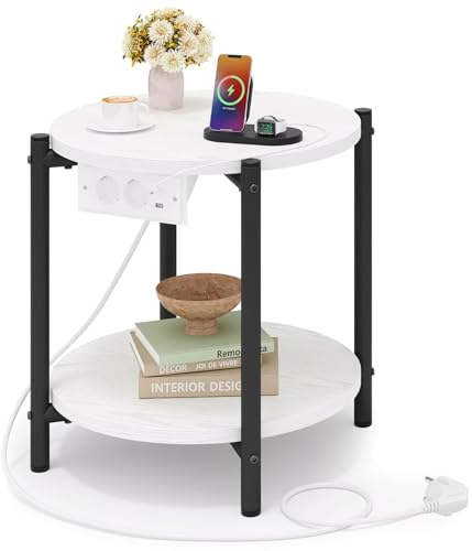 IRONCK Beistelltisch rund, Couchtisch mit Steckdose, Kleiner Tisch Holz, Wohnzimmertisch 2 Ablagen,Sofatisch,USB & Type-C-Anschluss, Metallrahmen, Nachttisch für Schlafzimmer (Weiß, 1 Stück)
