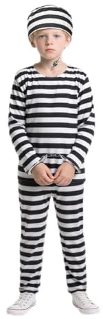 BSBUY Costume de Prisonnier pour Enfant, 5PCS Deguisement Prisonnier Rayé Noir et Blanc avec Menottes&Autocollant, Costume de Halloween Carnaval Garçon, Déguisement de Voleur, Bagnard, Détenu