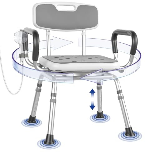 Deluxe Swivel Shower Chair with Arms & Back by CZMY, 360° Locking Seat, 5-Level Height Adjustable, Padded Heavy-Duty Bath Chair, 300 lbs, for Seniors, Elderly, Handicap & Disabled