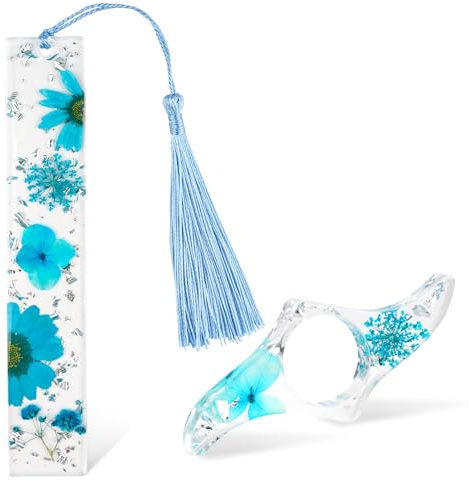 2Pcs Transparent Dried Flower Bookmark, Thumb Book Page Holder and Resin Book Mark with Tassel, Gold Silver Sprinkles in Bookmarks for Women, Gift for Books Lover Bookworm Literary Readers (Blue)