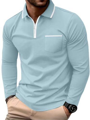 PrinStory Mens Long Sleeve Polo Shirts Quarter Zip Polo Shirts Golf Tennis Tops Casual Cotton Tee Tops With Pockets