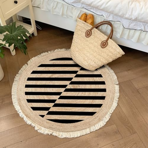 Aniyan Handgewebter Baumwollteppich Rund Boho Stil mit Fransen, Geflochtener Teppich Waschbar Faltbar, Weicher Teppich für Wohnzimmer Schlafzimmer Küche Flur (Ø 80cm,Muster K)
