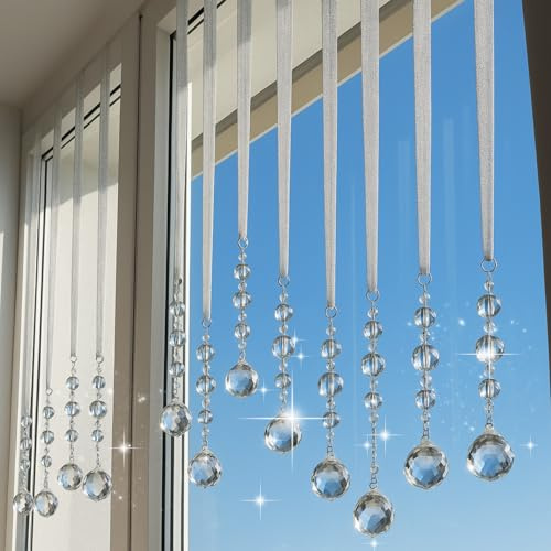 Pinkunn 12 Pcs 28 Inch Christmas Crystal Ornaments, Clear Acrylic Extra Large Hanging Drop Crystal Garland Icicle Balls Pendant Suncatcher for Window Door Christmas Tree Home Decor Party Supplies