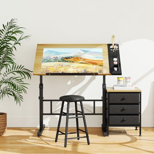 Moziel Mesa de Dibujo con Altura Ajustable, 0-60° Tablero Inclinable, Mesa de Pintura Arquitecto Estudio Dibujo Escritorio para Computadora con Taburete para Oficina Casa (Madera con Cajón)