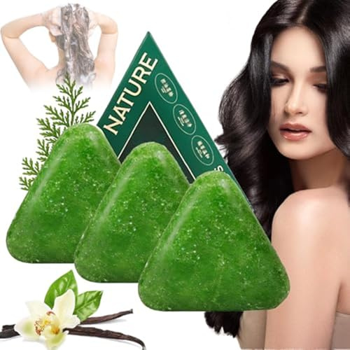 Pastilla De Champú Nature Triangle – Jabón Sólido Natural Para El Cabello Con Jabón Verde Y Hierba Usman, Limpieza Suave, Fortalece El Cabello, Reduce El Frizz, Para Hombres Y Mujeres (3PCS)