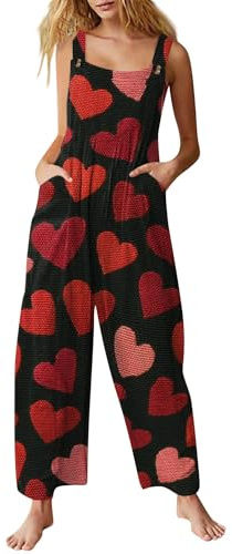 Valentinstag Latzhose für Damen Lässige ärmellose Jumpsuits mit weitem Bein Herz Grafik Festliche Einteiler Jumpsuit mit Taschen