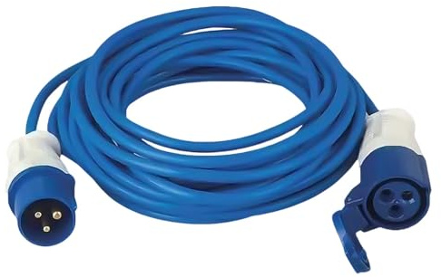 15M Extension Lead Cable, with Angle Joints - 16A 240V Mains Hook Up Cable for Campervans, Motorhomes & Outdoor Use, Blue