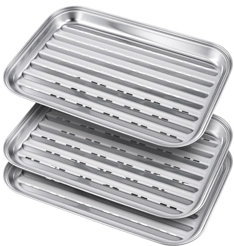 SENJEOK 3 stycken BBQ grillskålar, 34,5 x 24,2 x 2,7 cm återanvändbar grillskål rostfritt stål för gasgrill, grönsaker, fisk eller kött