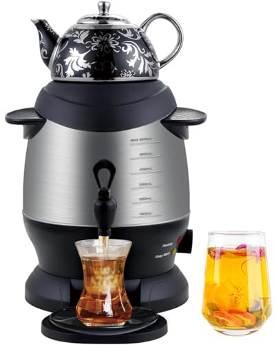 Tetera eléctrica turca, Samovar de acero inoxidable de 1800 W, hervidor de 5 litros con tetera de 1 litro, función de mantener el calor, mango antiquemaduras para café y té perfumado