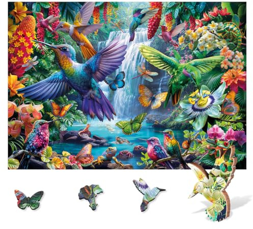Wentworth Wooden Puzzles Tropical Hummingbirds - 140 Pcs Adult Jigsaw Puzzle, Themed Irregular Pieces, Jessica White Design for Animal and Bird Lovers - Sustainably Sourced Wood and British Made