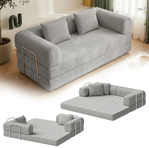 skølm Lofn Schlafsofa 2-Sitzer 200 cm, Cord Hellgrau, 2 Kissen, Klappsofa | Ausklappbare Couch zum Bodensofa, Vollschaumcouch Boneless mit Stahlgestell, Cordsofa Wohnzimmer, vakuumverpackt, Klappsofa