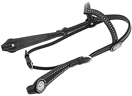 Thor Equine Kopfstück Allan Westerntrense V‑Shaped Stirnriemen Conchos & Dots Leder Schwarz Cob verstellbar