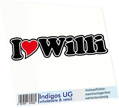 INDIGOS UG Auto Aufkleber I Love Willi 15 cm - Autoaufkleber - KFZ Sticker selbstklebend - für Motorrad, Fenster oder Heckscheibe - wetterfest & UV-beständig Sticker mit Namen von Mann Frau Kind