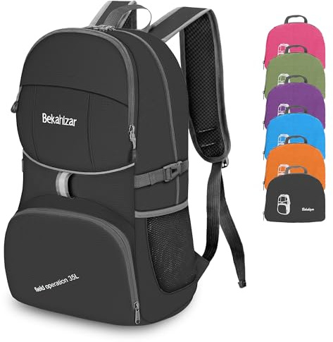 Bekahizar Lightweight Foldable Backpack 35L Hiking Rucksack Daypack Packable Travel Day Bag for Men Women Teens Outdoor Sports Walking Camping Travelling Cycling (Black)
