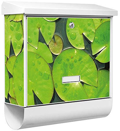 banjado® Burgwächter Briefkasten Weiß 38x39x12cm mit Motiv Seerosenblätter/Briefkasten mit Zeitungsfach/Briefkasten mit Zeitungsrolle/Postkasten inkl. Montagematerial & 2 Schlüsseln