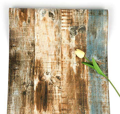 FENTIS Carta da Parati in Legno Carta da Parati Marrone Autoadesiva a Strisce da Sbucciare e Incollare a Contatto con il Grano Rotolo Rimovibile Rustico per Armadio da Cucina 44,5x500cm