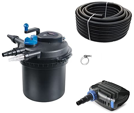 AquaOne Teichfilter Set mit Teichpumpe I Filteranlage CPF-5000 für einen Teich bis 8.000 Liter I Komplettset mit UV Lampe Eco Pumpe10 Watt Teichschlauch Nr.19