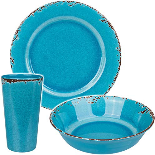alles-meine.de GmbH 3 TLG. Geschirr Set: Teller + Schale/Schüssel + Becher - Retro & Nostalgie Design - türkis blau/hellblau - Melamin Kunststoff - Speiseteller - Ø 20,5 cm -..