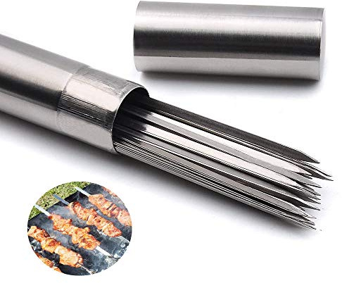 APPKOOK 20pack 15 Stainless Steel BBQ Skewers+ Storage Tube Flat Barbecue Skewer for Grilling Reusable Metal Needle Sticks for Shish Kebob
