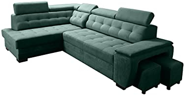 Robin Grand Ecksofa mit Schlaffunktion Bettkasten Kopfstützen Relaxfunktion 2 Hocker Sofa L-Form Schlafsofa Freistehende Eckcouch Schlafcouch Wohnzimmermöbel Wohnlandschaft Links Flaschengrün