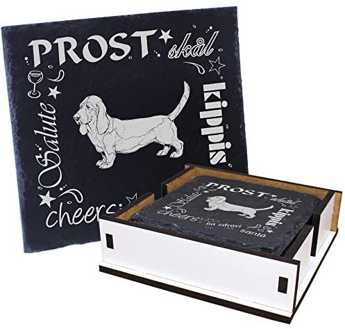 5X Schiefer Untersetzer - Prost Basset Hound - inkl. Holzbox & Flaschenuntersetzer Deko Glasuntersetzer Tassenuntersetzer