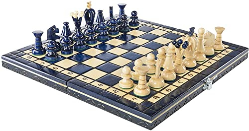 Chess and games shop Muba Magnifique jeu d'échecs en bois fabriqué à la main avec planche en bois et pièces d'échecs fabriquées à la main – Idée cadeau (32 cm) Bleu