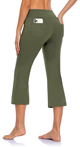 MOVE BEYOND Pantalones Piratas de Yoga Bootcut para Mujer con 4 Bolsillos Pantalón Corte de Bota de Cintura Alta para Vestir Pilates Fitness Entrenamiento, Capris, Verde, L