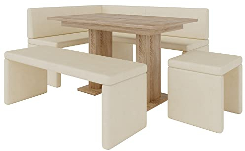 FURNISTAR Eckbank Akiko mit Tisch und Bänken - Eckbankgruppe für Ihrem Esszimmer, Küche modern, Sitzecke, Essecke. Perfekt für Küche, Büro und Rezeption. Solide Verarbeitung (Soft 18, 196x142 Links)