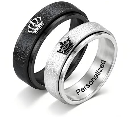 Personalizzato glassato corona coppia anelli all'interno del testo inciso Anelli di promessa per lui e lei personalizzato coppia bande per anniversario Matrimonio Fidanzamento (Nero-6mm-Spinner)