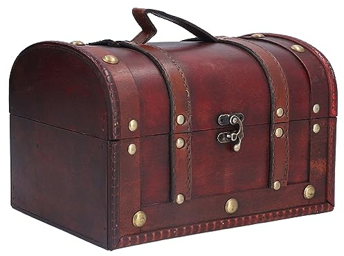 Buachois Vintage Deko Holz Schatzkiste, 25x16x16cm Kleine Europäische Treasure Chest Retro Schatztruhe Piratenkiste Schmuck Holzkiste für Bücher Karten Kinder Geschenke