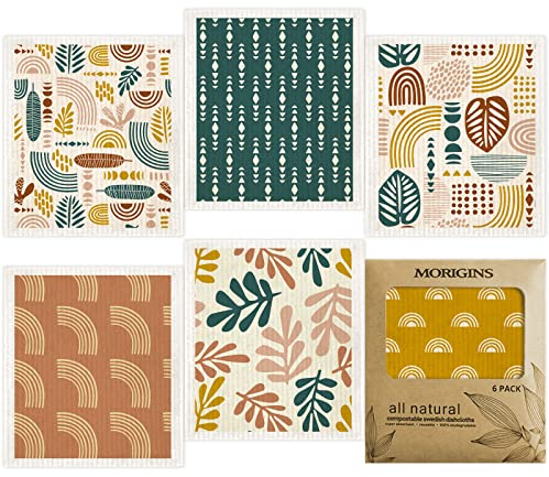 Morigins Swedish Dishcloths for Kitchen,6 Pack Minimalist Swedish Dish Towels,Cellulose Sponge Cloths,Non Scratch Reusable Paper Towels, Biodegradable and Reusable Kitchen Dish Rags