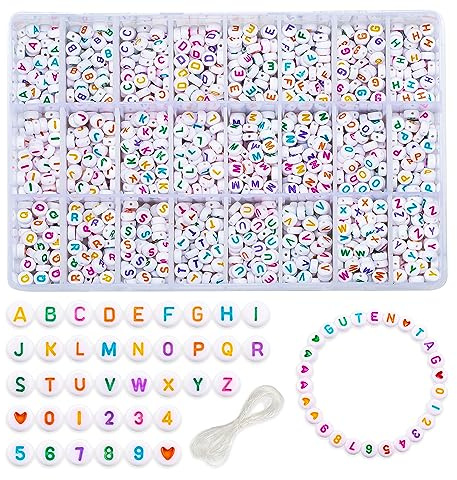 2590 Stück Buchstaben Perlen Set, Buchstabenperlen A bis Z, Perlen Beads Set mit Herzperlen und Nummer 0 bis 9, Bastelnperlen Set mit Art Angelschnur für Schmuckherstellung,Bunt