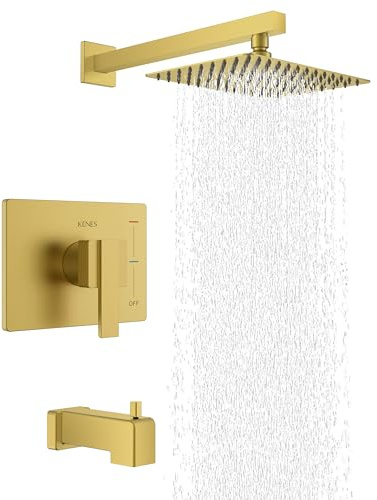 KENES Brushed Gold Tub and Shower Trim Kit, Square Tub Shower Faucet Set Complete with 10-Inch Rainfall Shower Head and Tub Spout, KE-6024A-4 (Shower Valve Included)