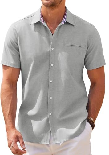 COOFANDY Hombre Camisa Manga Corta Vestir Camisa Oxford Informales Camisa Negocios Algodón Verano con Cuello A Cuadros