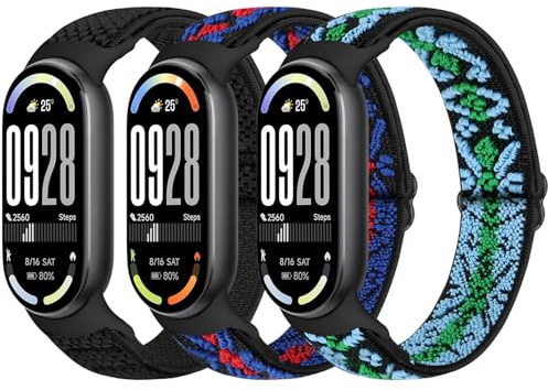 Bcuckood Elastisches Armband Kompatibel mit Xiaomi Smart Band 10/9/8 Damen Herren, dehnbares Uhrenarmband weiches elastisches Nylon Ersatzarmband für Xiaomi Mi Band 10/9/8, 3 Stück