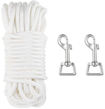 sourcing map 60Ft Flag Pole Rope Kit, Flag Pole Halyards Rope 5/16 Thick with 2 Pcs Zinc Alloy Swivel Flagpoles Clips Hook(Silver), Nylon Flagpole Line Rope White