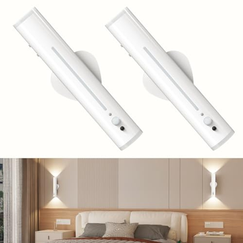 bravzurg Battery Operated Wall Lights 2 Pack, Motion Sensor Rechargeable Wall Sconces Lights Indoor, Magnetic Wireless Rotatable Metal, Stick on LED Night Lamp for Outdoor Bedroom Bathroom Porch