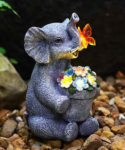 Yeomoo Elefant Figuren mit Schmetterlinge Gartendeko für Draußen: Elefanten Deko mit Blumen Solarlampen Geschenke für Frauen Mama Geburtstag Solar Tiere Deko für Außen Garten Balkon Zimmer Afrika