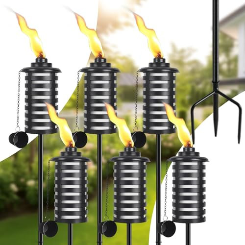 SNOGSWOG Citronella Fackeln für den Außenbereich, 6 Stück, Weiß, 453.6 g Outdoor Gartenfackeln mit 3 Zinken Erdspieß, 59 Zoll Metallfackel für Gartendekoration, Außenfackeln für Hinterhof, Garten,