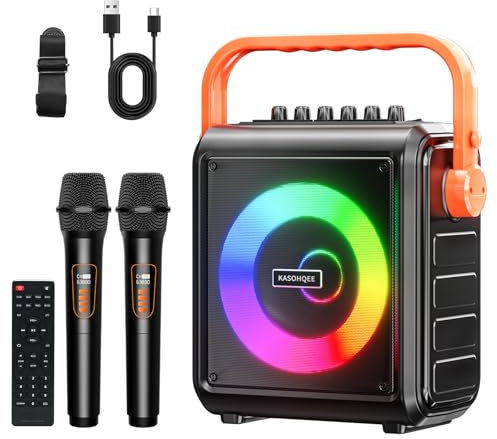 KASOHQEE Karaoke Machine for Adults with 2 Wireless Microphones, Portable Bass/Treble Bluetooth Speaker with PA System, Remote Control LED Lights, Support TF Card/USB, AUX in, FM, REC