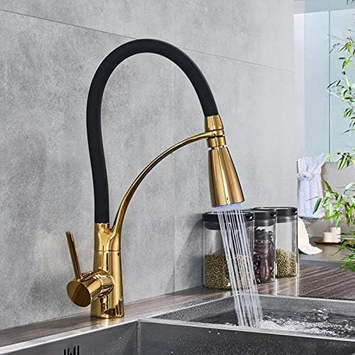 Kitchen Taps Golden Kitchen Faucet LED Light Bathroom Kitchen Mixer Tap Pull Down Hot Cold Water Tap with Bracket Color Changing Spout