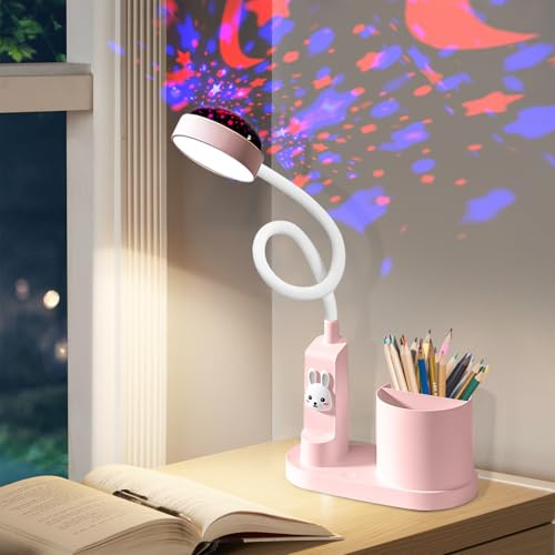 Leikurvo Schreibtischlampe Kinder, LED Nachttischlampe mit Stifthalter, Tischlampe Dimmbar Wiederaufladbare LED-Leselampe 360° Verstellbar Schwanenhals Studienlampe mit Stern Projektion (Rosa)