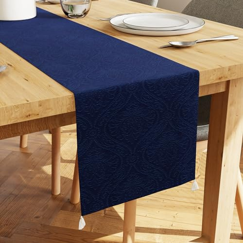 Encasa XO Camino de Mesa Terciopelo, Diseño Grabado 13x94 Azul Marino | Terciopelo Lujoso de Poliéster | Lavable a Máquina | Elegante Decoración para Mesa de Comedor y Centro