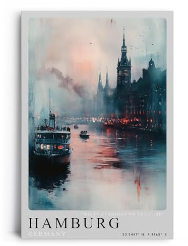 Paul Sinus Leinwandbild 80x120cm Hamburg Misty Evenings – Atmosphärische Hafenszene mit nebligem Elbufer, beleuchteten Gebäuden, Schiffe