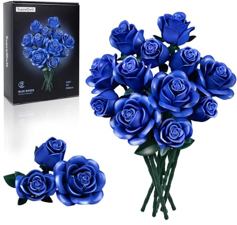 Ensemble de construction de bouquet de roses bleues de 12 roses artificielles bleues cadeaux pour elle pour anniversaire, anniversaire, Saint-Valentin, fête des mères, Noël, décoration intérieure 608