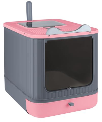 Caja de arena para gatos, estilo cajón, caja de arena para gatos con pala, bandeja extraíble, base a prueba de fugas (44,5 x 36,5 x 34,5 cm, color rosa)